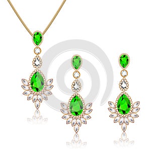 Illustration set  gold jewelry pendant on a chain and earrings with emeralds