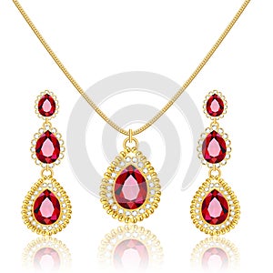 Illustration set  gold jewelry pendant on a chain and earrings with rubies