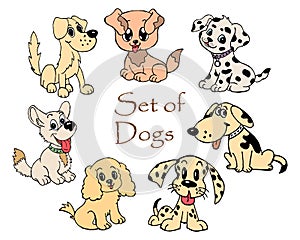 illustration, set of hand-drawn bright diverse funny puppies dogs on a white background, for children
