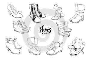 Illustration of Set hand drawn graphic Men and women Footwear, shoes. Casual and sport style, gumshoes. Moccasins