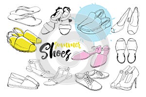 Illustration of Set hand drawn graphic women Footwear, shoes for summer. Sport style, gumshoes, moccasins, sneakers
