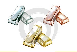 illustration of set of ingots of yellow, white and rose gold