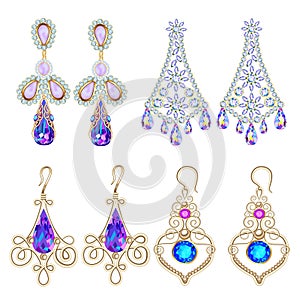Illustration set  jewelry earrings with precious stones isolated on white background