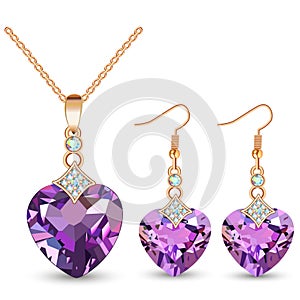 Illustration set jewelry gold pendant in the shape of a heart on a chain and earrings with precious stones