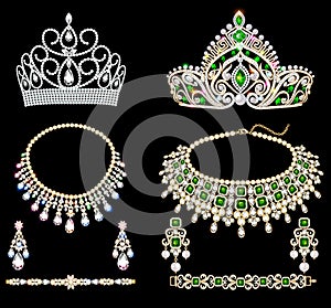 Illustration set of jewelry tiaras, necklace, earrings and bracelets with precious stones
