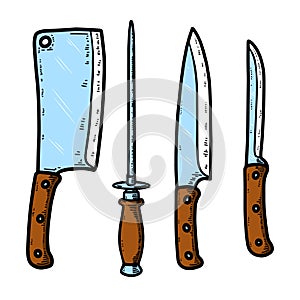 Illustration of set of kitchen knives isolated on white background. Design element for poster, t shirt, card, banner