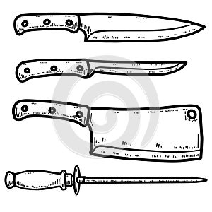 Illustration of set of kitchen knives isolated on white background. Design element for poster, t shirt, card, banner, emblem