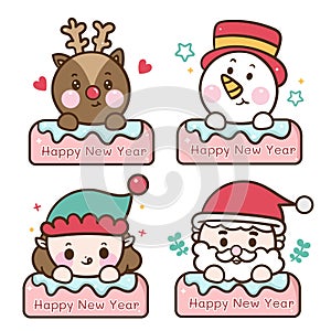 Illustration set of label Christmas character cartoon, santa vector, rain deer, elf, snowman: Kawaii animal, Happy New year festiv