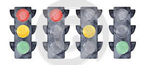 Illustration set of LED traffic lights with all three colors on and showing red, yellow and green lights.