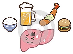 Illustration set of liver weakened by overdrinking and eating too much photo