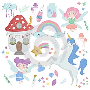 illustration set of magical characters from a fairy tale. Cute unicorn, fairies, mushroom house and other elements ideal for
