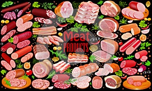 Illustration set  meat products with spices and aromatic herbs