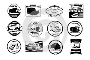 Illustration of Set Monochrome black badges camping and outdoor adventure emblems, logos and badges. Camping equipment