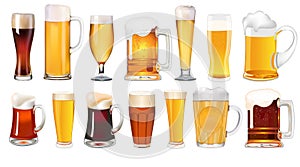 set of mugs and glasses with light and dark beer isolated on white