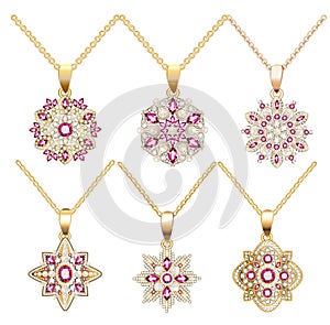 Illustration set necklace pendants jewelry made of precious stones isolated on white background