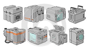An illustration set of new scifi technology cube items with innovation concept on white background isolated