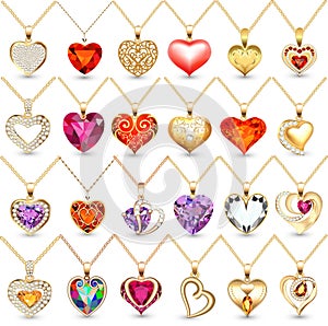 Illustration set of pendants pendant with precious stones in the form of heart