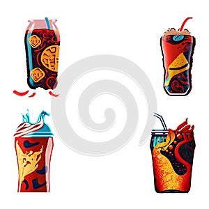 Illustration of a set of Pepsi drinks, isolated on a white background. Generative AI