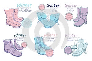 Illustration set of sketch boots, shoes for winter. Poster Retro style for cold season. Hand drawn elements with vintage