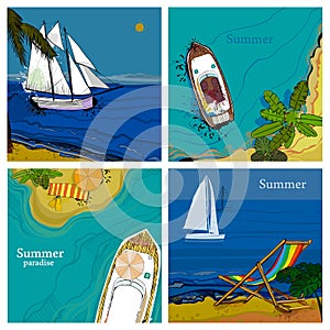 Illustration of Set square card with top and front views of sea, Sailboat and beach with sand, palms, sun. Graphic