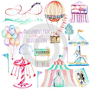 Illustration set with watercolor elements of amusement park