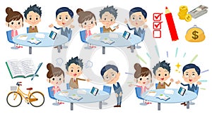 Illustration set where a cram school teacher is discussing with students and parents photo