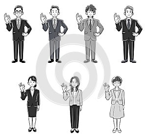Illustration set of the whole body of a businessman and a business woman who give an OK sign by hand