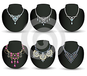 set woman wedding necklace with pearls and precious stones isolated on white background