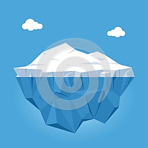 Iceberg with above and underwater view on blue background with clouds. Vector illustration