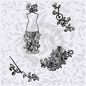 Illustration of Sewing accessories, tools for fashion design, dummy, spool, needles, buttons.