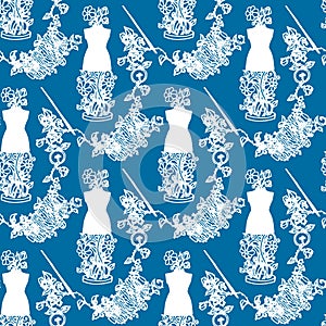 Illustration of Sewing accessories, tools for fashion design, dummy, spool, needles, buttons. Seamless pattern.