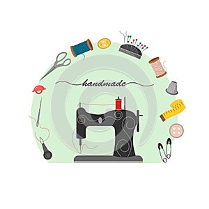 Illustration of a sewing machine and tools. Buttons, spool of thread, needle, pin cushion.