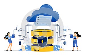 Illustration of sharing and communicating data with cloud services integrated with a secure database system. Vector design can be