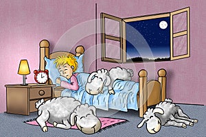 illustration of sheep sleeping on bed of man who finally fell asleep too