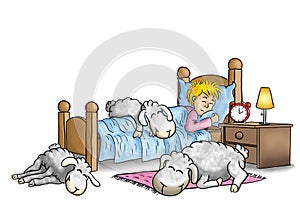 illustration of sheep sleeping on bed of man who finally fell asleep too