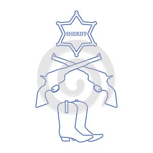 Illustration of sheriff star, revolvers Colt and cowboy boots. W
