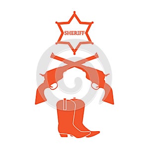 Illustration of sheriff star, revolvers Colt and cowboy boots. W