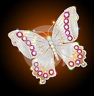 Illustration shining jewelry butterfly brooch with precious stones