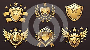 Illustration of shiny military emblems decorated with stars, chevrons, wings on a background. Winner rank medals. Symbol