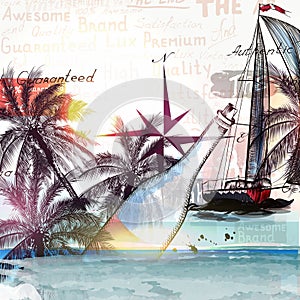 Illustration with ship bottle and palm trees for design.