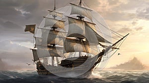 Illustration of a ship used by sailors to sail across the world in the 18th century.