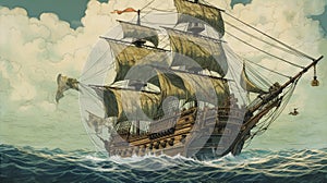 Illustration of a ship used by sailors to sail across the world in the 18th century.