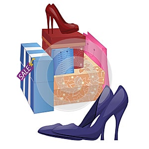 Illustration with shoe boxes and pairs of high-heel shoes. Isolated on white background. Vector illustration