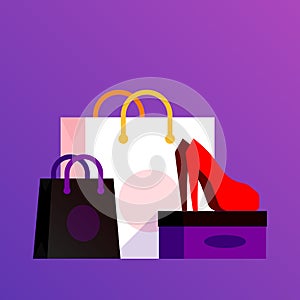 illustration of shoe and cosmetics with shopping bag showing sale