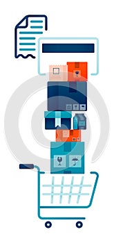 illustration of shopping basket containing stacks of shopping boxes ordered online with credit card and receiving receipt. Design