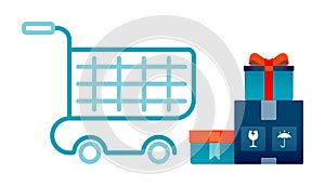 illustration of shopping cart for checkout in line style and package box ready to deliver with fragile and wet warning. Design can