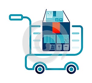 Illustration of shopping cart and trolley with shipping box package with sign of fragile warning. Design can be used for landing