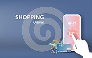Illustration of shopping online on Mobile Application Vector Concept. banner of phone app templates design. Website or Mobile