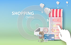 Illustration of shopping online summer sale on Mobile Application Vector Concept. banner of phone app templates design. Website or