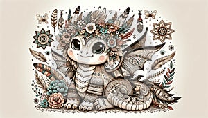 Cherish-Series: Boho Chic Baby Dragon Among Feathers and Flowers